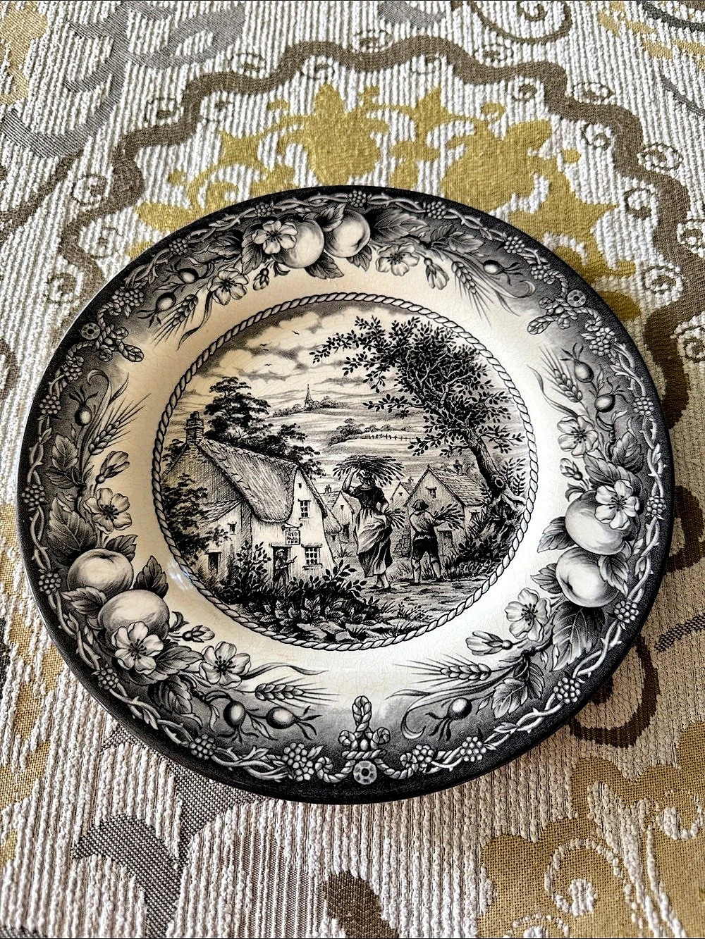 Royal stafford hayride Fine Earthenware Transferware Plate black white harvest